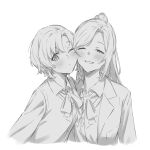  2girls absurdres blush cheek-to-cheek commentary_request d4dj dress_shirt greyscale hanamaki_towa heads_together highres jacket kanade_(kanade_3344) long_hair monochrome multiple_girls neck_ribbon niijima_ibuki one_eye_closed open_mouth ponytail ribbon school_uniform shirt short_hair simple_background upper_body white_background yoba_academy_school_uniform 