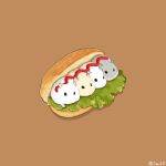  animal animal_focus brown_background commentary food food_focus hamster ketchup lettuce no_humans on_food original sandwich signature simple_background submarine_sandwich untranslatable_commentary upiupisyo 