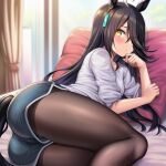 1girl ahoge ai-generated ass black_hair black_pantyhose blush commentary_request horse_girl lying manhattan_cafe_(umamusume) okasa_re_taii pantyhose shirt thighs umamusume white_shirt yellow_eyes 