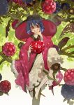  1girl :q absurdres barefoot blue_hair bowl bowl_hat commentary_request eating food food_request fruit hat highres holding holding_food holding_fruit japanese_clothes kimono long_sleeves mini_person minigirl pink_eyes pink_kimono shimiya_jin short_hair solo sukuna_shinmyoumaru toes tongue tongue_out touhou wide_sleeves 