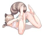  1girl armpits barefoot braid brown_hair cameltoe commentary crop_top english_commentary facing_away full_body grabbing_own_leg green_skirt hair_ribbon highres komachi_panko komachi_panko_(1st_costume) lying miniskirt on_stomach panties phase_connect red_panda_ears red_panda_girl red_panda_tail reverse_yogic_sleep_pose ribbon skirt sleeveless solo sussynano tail_raised toes twin_braids underwear virtual_youtuber white_background white_panties yoga 