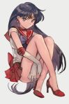  bishoujo_senshi_sailor_moon black_hair bow choker convenient_arm earrings elbow_gloves full_body gloves grey_eyes hankuri high_heels hino_rei invisible_chair jewelry knees_up long_hair looking_at_viewer pleated_skirt purple_bow red_footwear red_sailor_collar red_skirt red_star sailor_collar sailor_mars sailor_senshi_uniform simple_background sitting skirt solo star star_earrings white_background white_gloves 