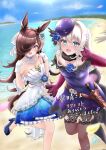  2girls animal_ears beach black_hair blue_eyes breasts cleavage collarbone commentary_request commission cosplay costume_switch dress gloves grey_hair highres horse_ears horse_girl indie_virtual_youtuber long_hair looking_at_viewer miki_lutecia mole mole_under_eye multiple_girls nagino_mashiro nagino_mashiro_(cosplay) ocean petals petticoat rice_shower_(rosy_dreams)_(umamusume) rice_shower_(umamusume) rice_shower_(umamusume)_(cosplay) skeb_commission small_breasts thighhighs translation_request umamusume virtual_youtuber 