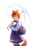  1girl animal_ears bag bag_charm blush bow bowtie breasts character_charm charm_(object) crown hair_between_eyes highres holding holding_umbrella horse_ears horse_girl horse_tail long_sleeves looking_at_viewer mini_crown orange_hair orange_tail parted_lips pink_crown pleated_skirt purple_eyes purple_sailor_collar purple_serafuku purple_shirt purple_skirt purple_thighhighs s0jusag1 sailor_collar sailor_shirt school_uniform serafuku shirt short_hair shoulder_bag skirt smile solo t.m._opera_o_(umamusume) tail thighhighs tracen_school_uniform umamusume umbrella white_bow white_bowtie 