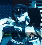  1girl ai-assisted ai-generated american_flag_background animal_on_shoulder bald_eagle bird bird_on_shoulder blue_theme eagle hat highres limited_palette long_sleeves looking_at_viewer meme military_hat military_uniform solo takemori_kohoto upper_body we_are_going_to_fucking_kill_you_(meme) 