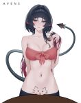  1girl animal_ears artist_name avene_chan black_hair black_shorts body_writing breasts cleavage commentary crop_top do_you_want_to_pet_my_cat_(meme) english_commentary green_eyes highres jane_doe_(zenless_zone_zero) large_breasts long_hair looking_at_viewer meme mouse_ears mouse_girl mouse_tail multicolored_hair navel pussy red_hair shorts simple_background solo stomach tail two-tone_hair very_long_hair white_background zenless_zone_zero 
