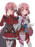 2girls absurdres armor commission cosplay costume_switch fire_emblem fire_emblem_engage fire_emblem_fates highres japanese_clothes lapis_(fire_emblem) lapis_(fire_emblem)_(cosplay) looking_at_another multiple_girls pink_eyes pink_hair red_armor sakura_(fire_emblem) sakura_(fire_emblem)_(cosplay) shan0732 smile thighs 