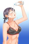  blue_background blush bottle bra breasts brown_hair cleavage closed_eyes gertrud_barkhorn gradient gradient_background grey_bra highres hiroshi_(hunter-of-kct) large_breasts navel open_mouth simple_background solo sports_bra strike_witches tongue twintails underwear water white_background world_witches_series 