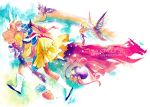  1girl commentary_request dragon_quest dragon_quest_i drakee dress earrings gown helmet hero_(dq1) horns jewelry long_hair princess princess_laura shimi_(egi) slime smile traditional_media watercolor_(medium) 