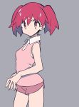  boyshorts closed_mouth collared_shirt eyebrows_visible_through_hair grey_background highres hinata_natsumi keroro_gunsou looking_at_viewer mochizuki_kei own_hands_together pink_vest red_eyes red_hair red_shorts shirt short_hair shorts simple_background solo standing twintails vest white_shirt wing_collar 