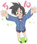  ayo_(isy8800) bad_id bad_pixiv_id black_eyes black_footwear black_hair black_shorts blue_jacket dragon_ball dragon_ball_z dragon_ball_z_kami_to_kami full_body jacket long_sleeves looking_at_viewer looking_up male_focus necktie number number_pun open_mouth outstretched_arms shirt short_hair shorts simple_background socks solo son_goten sparkle spiked_hair white_background white_shirt 