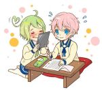  ahoge akita_toushirou blue_eyes closed_eyes covering_face envelope flying_sweatdrops fujimaru_mirai full_body green_hair heart_ahoge lowres male_focus mouri_toushirou multiple_boys paper pencil_case pillow pink_hair polka_dot reading seiza simple_background single_vertical_stripe sitting smile socks thick_eyebrows touken_ranbu uniform white_background writing 