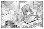  1girl alternate_costume animal animal_ears animalization bed bedroom black_cat blush book bow braid braided_bun bun_with_braided_base cat cat_ears cat_tail cheek-to-cheek cheek_press commentary curtains dress fangs frilled_dress frills genshin_impact gown greyscale hair_bun headboard heads_together inui_shiro long_dress long_sidelocks long_sleeves looking_at_animal lying monochrome on_bed on_stomach one_eye_closed open_mouth pillow reading rubbing sandrone_(genshin_impact) short_hair short_hair_with_long_locks sidelocks solo tail tail_bow tail_ornament untranslatable_commentary victorian whiskers winding_key 