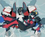  1boy 1girl airplane_wing blue_eyes carrying carrying_person commentary geisha highres humanoid_robot mecha mechanical_wings metal_skin princess_carry red_eyes red_lips robot robot_girl science_fiction sgrimp starscream the_transformers_(idw) thighs transformers untranslatable_commentary windblade wings 