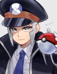  1boy black_coat black_hat blue_necktie coat collared_shirt commentary gloves grey_background grey_eyes grey_hair hand_up hat highres holding holding_poke_ball ingo_(pokemon) male_focus necktie open_clothes open_coat peaked_cap poke_ball poke_ball_(basic) pokemon pokemon_bw shirt short_hair simple_background solo sugino_(su_ginoo) twitter_username untranslatable_commentary white_gloves white_shirt 