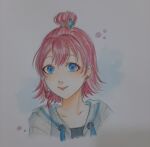  1girl black_shirt blue_eyes blue_flower blue_jacket blue_sailor_collar brown_flower bubble closed_mouth collarbone commentary cropped_torso earrings english_commentary eyelashes flower hair_bun hair_flower hair_ornament happy highres jacket jewelry light_blush lipstick makeup nikki_(series) nonoberry22 nostrils pink_hair puffy_short_sleeves puffy_sleeves red_lips sailor_collar see-through_clothes see-through_sleeves shining_nikki shirt short_hair short_sleeves single_hair_bun smile solo sphere_earrings stylist_(nikki) traditional_media white_sleeves 