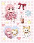  1girl :o ahoge animal ankle_socks black_eyes bloom_poetry_(shining_nikki) blunt_bangs border bow bowtie brown_hair bubble_tea cat chibi cloak clothed_animal commentary cross-laced_clothes cross-laced_dress cross-laced_legwear cup disposable_cup dot_nose dress dress_bow dress_ribbon drinking_straw ear_covers english_commentary eyelashes grid_background heart highres hood hood_up hooded_cloak light_blush long_hair long_sidelocks long_sleeves looking_at_viewer medium_dress momo_(nikki) multiple_views navel nikki_(nikki) nikki_(series) nonoberry22 open_mouth outline pink_background pink_dress pink_hair plaid_clothes plaid_dress red_bow red_bowtie red_ribbon ribbon shining_nikki shirt shoes sidelocks smile snowflakes socks solid_oval_eyes star_(symbol) sticker_(medium) traditional_bowtie very_long_hair waving wavy_hair whiskers white_border white_cat white_outline white_shirt white_shoes white_socks yellow_cloak 