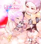  1boy 1girl aged_down balloon brother_and_sister charlotte_brulee charlotte_katakuri closed_eyes colored_skin commentary_request dress fangs grey_skin grin highres holding holding_stuffed_toy hugging_doll hugging_object jacket leather leather_jacket one_piece open_mouth purple_hair red_eyes ribbon rsk_rasukuman siblings smile stitched_face stitches stuffed_animal stuffed_toy white_dress yellow_ribbon 