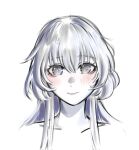  1girl alternate_skin_color closed_mouth colored_skin commentary cropped_shoulders dot_nose english_commentary eyelashes glow_(shining_nikki) grey_eyes grey_hair hair_between_eyes happy highres light_blush lipstick long_hair long_sidelocks makeup nikki_(series) nonoberry22 pink_lips shining_nikki sidelocks simple_background smile solo straight-on white_background white_skin 