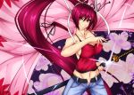  breasts byakkun_(byakkun8181) camisole cleavage hair_intakes hair_ribbon katana large_breasts long_hair midriff navel pants ponytail purple_hair red_eyes ribbon smile solo sword under_night_in-birth very_long_hair weapon yuzuriha_(under_night_in-birth) 