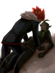  2boys black_coat black_gloves black_pants blonde_hair coat commentary cowboy_shot dutch_angle facing_another full_body fur-trimmed_coat fur_trim ghetsis_(pokemon) gloves hair_slicked_back hand_on_another's_chest hands_on_ground kneeling kurobis leg_between_thighs looking_at_another low_ponytail lying lysandre_(pokemon) male_focus multiple_boys on_back on_ground outdoors pants pinned pokemon pokemon_bw2 pokemon_xy ponytail red_eyes red_hair red_trim scouter white_background yellow_trim yukadon 