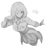  2girls absurdres bang_dream! bang_dream!_girls_band_party! blush bow bowtie breast_pocket breasts cleavage closed_mouth clothes_around_waist commentary_request dress_shirt greyscale gyaru half_updo heart highres imai_lisa jacket jacket_around_waist kanade_(kanade_3344) large_breasts looking_at_viewer low_twintails medium_hair monochrome multiple_girls one_eye_closed pleated_skirt pocket school_uniform scrunchie shirt simple_background skirt translation_request twintails uehara_himari v white_background wrist_scrunchie 