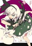  1girl ascot black_ascot blue_eyes commentary_request frills green_skirt green_vest hairband highres holding holding_sword holding_weapon ichizen_(o_tori) katana konpaku_youmu konpaku_youmu_(ghost) looking_at_viewer medium_hair open_mouth petals pink_petals shirt short_sleeves skirt solo sword touhou vest weapon white_hair white_shirt wrist_cuffs 