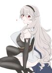  1girl absurdres black_hairband commentary_request female_corrin_(fire_emblem) female_corrin_(ninja)_(fire_emblem) fire_emblem fire_emblem_fates fire_emblem_heroes grey_hair grey_kimono hair_between_eyes hairband highres japanese_clothes kimono long_hair looking_at_viewer ninja official_alternate_costume pointy_ears red_eyes shuriken_hair_ornament sleeveless sleeveless_kimono sou_mei 