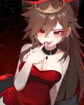  1girl animal_ears belt_collar black_collar blood blood_on_breasts blood_on_tongue blush breasts cleavage collar commentary crown cry_(crydiaa) crydiaa_(artist) dress english_commentary fang fingernails highres implied_cannibalism indie_virtual_youtuber large_breasts long_fingernails pointing_at_mouth red_dress red_eyes red_nails sharp_fingernails tail tongue tongue_out virtual_youtuber wolf_ears wolf_girl wolf_tail 