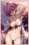  arm_up armpits bikini blush border breasts cleavage cloud collarbone commentary_request fate/grand_order fate_(series) food food_in_mouth glasses hair_over_one_eye highres jacket large_breasts looking_at_viewer mash_kyrielight navel necomi open_clothes open_jacket palm_tree pink_border popsicle purple_eyes purple_hair short_hair signature sky solo stomach sun swimsuit swimsuit_of_perpetual_summer title tree twilight white_bikini 