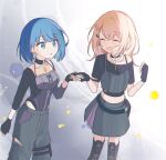  2girls belt black_belt black_boots black_choker black_gloves black_leotard black_shirt blue_eyes blue_hair blush bob_cut boots braid breasts brown_hair choker closed_eyes clothing_cutout collarbone commentary_request commission cowboy_shot crop_top cropped_shirt cross-laced_clothes cross-laced_top earrings fingerless_gloves gloves grey_pants grey_skirt hanasato_minori highres hip_vent holding_hands hoo_cms jewelry kiritani_haruka korean_commentary leg_cutout leotard leotard_under_clothes looking_at_viewer midriff multiple_girls necklace official_alternate_costume open_mouth pants parted_lips pouch project_sekai rise_and_strive_(project_sekai) second-party_source shirt short_hair short_sleeves side_braid single_off_shoulder skirt smile standing thigh_boots thigh_pouch three-quarter_sleeves 