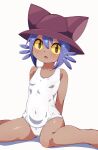  1girl animal_ear_headwear arms_behind_back bare_shoulders blush breasts brown_hat colored_sclera commentary_request commission covered_navel fang feet_out_of_frame genderswap genderswap_(otf) hat hiro_(pqtks113) large_variant_set looking_at_viewer niko_(oneshot) one-piece_swimsuit oneshot_(game) paid_reward_available parted_lips purple_hair short_hair simple_background sitting skeb_commission slit_pupils small_breasts solo swimsuit variant_set wariza white_background white_one-piece_swimsuit yellow_sclera 
