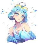  1girl bare_shoulders blue_eyes blue_hair blush commentary double_bun dumpling_aria_(artist) english_commentary eyewear_on_head hair_bun highres hololive hololive_indonesia kobo_kanaeru long_sleeves multicolored_hair smile solo sunglasses two-tone_hair virtual_youtuber white_hair 