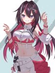  1girl asymmetrical_clothes asymmetrical_sidelocks asymmetrical_sleeves azki_(hololive) blush breasts brown_hair center_frills collared_shirt colored_inner_hair commentary_request cowboy_shot crop_top cropped_shirt detached_sleeves double-parted_bangs double_v frills grin hair_between_eyes hair_intakes hair_ornament hairclip highres hololive hololive_idol_uniform_(color_rise) idol_clothes long_hair long_sleeves looking_at_viewer medium_breasts midriff mismatched_sleeves mole mole_under_eye multicolored_hair multicolored_shirt nail_polish narrow_waist navel official_alternate_costume overskirt pants pink_hair pink_nails pink_streaks purple_eyes red_overskirt red_shirt remynoue shirt sidelocks single_detached_sleeve single_pantsleg single_sleeve smile solo streaked_hair v virtual_youtuber w_arms white_pants white_shirt white_streaks wide_hips 