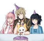  1boy 2girls :3 :o ^_^ ahoge animal argyle_clothes argyle_dress arm_on_table bags_under_eyes birthday birthday_cake black_choker black_gloves black_hair black_jacket blonde_hair bloom_poetry_(shining_nikki) blue_bow blue_dress bow bow_button bowtie bracelet cake candle caprico_(shining_nikki) cat choker clenched_hand closed_eyes closed_mouth clothed_animal collarbone collared_jacket collared_shirt commentary dated dot_nose dress ear_covers elbow_on_table english_commentary expressionless fire food frilled_shirt_collar frilled_sleeves frills gloves green_shirt hair_between_eyes hair_bun hand_on_own_chin happy hat high_collar holding holding_animal holding_cat hood hood_up jacket jewelry lapels light_frown long_hair long_sidelocks long_sleeves looking_at_another looking_at_viewer medium_hair messy_hair mini_party_hat momo_(nikki) multiple_girls nikki_(nikki) nikki_(series) nonoberry22 notched_lapels open_mouth party_hat pendant pinafore_dress pink_dress pink_hair pleated_sleeves pom_pom_(clothes) purple_hat red_bow red_bowtie shining_nikki shirt short_hair short_sleeves sidelocks single_side_bun sleeveless sleeveless_dress sleeves_past_wrists square_neckline striped_hat stylist_(nikki) surprised traditional_bowtie very_long_hair whiskers white_background white_cat white_shirt yellow_eyes yellow_hood 