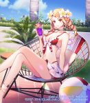  ball beachball bendy_straw bikini blonde_hair blue_sky blush breasts chain character_request cleavage closed_mouth cloud commentary_request copyright_name cup day drink drinking_glass drinking_straw flower hair_flower hair_ornament holding holding_cup ice ice_cube long_hair lord_of_vermilion medium_breasts momoshiki_tsubaki outdoors palm_tree pink_flower pointy_ears red_bikini red_eyes sitting sky smile solo summer swimsuit table tree watermark web_address white_flower 