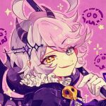  1girl :d ahoge chinese_commentary commentary_request commission demon_horns dikko halloween halloween_costume heterochromia holding honkai_(series) honkai_gakuen horns multicolored_hair open_mouth outline pink_background pink_hair pink_outline purple_eyes second-party_source sharp_teeth sin_mal smile solo teeth two-tone_hair upper_body yellow_eyes 