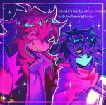  1girl 1other absurdres ahoge androgynous black_hair black_vest blue_skin cape closed_eyes colored_skin colored_teeth commentary cuirass deltarune english_commentary english_text freckles furry furry_female hair_over_one_eye highres kris_(dark_world)_(deltarune) kris_(deltarune) long_hair looking_at_viewer messy_hair mihych mole mole_under_mouth open_clothes open_mouth open_vest parted_lips purple_hair purple_skin red_cape red_eyes shaded_face sharp_teeth short_hair sidelocks susie_(dark_world)_(deltarune) susie_(deltarune) teeth utdr_(toby_fox) vest yellow_teeth 