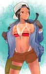  1girl aqua_background backwards_hat bikini bikini_tan bikini_top_only black_hair blue_jacket braid brown_eyes brown_gloves brown_shorts collarbone commentary_request cowboy_shot dark-skinned_female dark_skin front-tie_bikini_top front-tie_top fuurin_(furiguri) gloves green_bag gundam gundam_hathaway's_flash hat highres jacket julia_suga legs_apart long_hair long_sleeves navel one_eye_closed open_clothes open_jacket pouch removing_jacket shorts solo stomach sweat swimsuit tan tanlines thigh_pouch twin_braids twintails undressing watermark white_hat 
