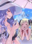  aruba bikini blonde_hair blue_sky camilla_(fire_emblem_if) closed_eyes commentary_request day elise_(fire_emblem_if) fire_emblem fire_emblem_heroes fire_emblem_if hair_over_one_eye hat holding long_hair multicolored_hair multiple_girls one-piece_swimsuit open_mouth parted_lips purple_eyes purple_hair seashell shell siblings sisters sky swimsuit twintails white_hat wreath 