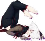  1girl a.k.i._(street_fighter) atgrbread barefoot bent_back black_dress black_pants china_dress chinese_clothes claw_(weapon) claw_ring commentary dress earrings feet flexible hair_over_one_eye highres impossible_hair jewelry mole mole_under_mouth nail_polish pants red_eyes red_lips red_trim scale_print see-through_clothes see-through_sleeves short_hair side_slit snake_print solo street_fighter street_fighter_6 tassel tassel_earrings toenail_polish toenails toes weapon white_hair 