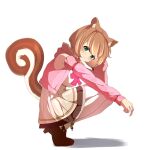  1girl :3 animal_ear_fluff animal_ears arm_on_knee arm_rest ayunda_risu ayunda_risu_(1st_costume) bow brown_hair brown_shoes cardigan closed_mouth commentary detached_sleeves dress english_commentary from_side full_body green_eyes hand_up highres hololive hololive_indonesia hood hood_down hooded_cardigan long_sleeves looking_at_viewer open_cardigan open_clothes pink_bow pink_cardigan pink_sleeves pleated_dress shoes simple_background sleeveless sleeveless_dress solo squatting squirrel_ears squirrel_girl squirrel_tail tail tiptoes turning_head valleyn_12 virtual_youtuber white_background white_dress 