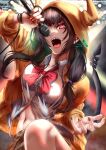  1girl arm_up asakura_karen_(heaven_burns_red) black_hair black_nails blunt_bangs bow bowtie breasts brown_skirt buttons collarbone collared_shirt commentary cowboy_shot demon_tail english_commentary fake_horns floating_hair glowing glowing_eye heaven_burns_red highres hood hood_up hoodie horned_hood horns knee_up long_hair looking_at_viewer low_twintails medium_breasts multicolored_nails music nail_polish navel noir_(nowaru) open_clothes open_hand open_hoodie open_mouth orange_hoodie partially_unbuttoned plaid_clothes plaid_skirt red_bow red_bowtie red_eyes red_nails sharp_teeth shirt signature singing skirt solo tail tail_raised teeth tongue twintails upper_teeth_only v-shaped_eyebrows white_shirt yellow_nails 