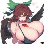  1girl absurdres bird_wings black_bra black_wings bow bra breasts cleavage curvy green_bow hair_bow highres huge_breasts looking_at_viewer mewmaster93 open_mouth red_eyes reiuji_utsuho signature simple_background skindentation smile solo teeth third_eye third_eye_on_chest touhou underwear upper_teeth_only white_background wings 