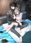  1boy 1girl barefoot black_shirt black_skirt book bookshelf bra_strap breasts brown_hair closed_mouth commentary couple dan_heng_(honkai:_star_rail) dan_heng_(hunt)_(honkai:_star_rail) earrings full_body futon green_eyes grey_hair grey_pants hair_between_eyes hand_on_another's_chest hand_on_another's_head head_on_chest hetero highres holding_another's_wrist honkai:_star_rail honkai_(series) indoors jewelry long_hair long_sleeves looking_at_another medium_breasts no_jacket on_bed pants parted_lips shirt short_hair short_sleeves signature sitting_between_legs skirt sleeping sleeping_on_person smile stelle_(honkai:_star_rail) thigh_strap toes trailblazer_(honkai:_star_rail) untranslatable_commentary white_shirt yyk9489 