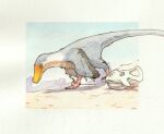  animal_focus animal_skull blue_sky border commentary dinosaur dinosaur_skull feathered_dinosaur highres no_humans original outside_border painting_(medium) paleoart protoceratops raptor red_eyes shin'ichiroo sky solo traditional_media velociraptor watercolor_(medium) 