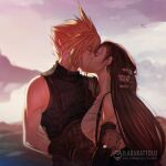  1boy 1girl armor artist_name bare_shoulders black_hair black_sleeves blonde_hair blurry blurry_background breasts closed_eyes cloud cloud_strife cloudy_sky commentary couple crop_top detached_sleeves earrings elbow_pads english_commentary final_fantasy final_fantasy_vii from_side gloves hand_on_another's_head hetero highres ilabarattolo jewelry kiss large_breasts long_hair outdoors profile ribbed_sweater short_hair shoulder_armor single_elbow_pad skirt sky sleeveless sleeveless_turtleneck spiked_hair suspender_skirt suspenders sweater tank_top teardrop_earrings tifa_lockhart turtleneck turtleneck_sweater upper_body white_tank_top 
