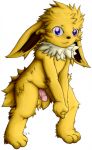  2016 3_toes 4_fingers anthro anthrofied balls big_eyes biped black_nose blush brown_fur cheek_tuft circumcised cub ears_down eeveelution erection fluffy fur head_tuft humanoid_penis jolteon leaning leaning_forward log_(artist) looking_at_viewer male multicolored_fur neck_tuft nintendo nude penis pok&eacute;mon pok&eacute;mon_(species) purple_eyes signature simple_background smile solo standing toes tuft video_games white_background white_fur yellow_fur young 