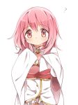  armor ayumaru_(art_of_life) cape cosplay costume_switch gloves highres kaname_madoka magical_girl mahou_shoujo_madoka_magica miki_sayaka miki_sayaka_(cosplay) pink_eyes pink_hair short_hair spoken_question_mark white_gloves 