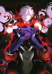  1boy blood chinese_commentary closed_eyes commentary_request cowboy_shot crossed_arms from_above hair_between_eyes highres male_focus mecha_pilot_suit nagisa_kaworu neon_genesis_evangelion parted_lips plugsuit_(evangelion) ripples short_hair solo ssssenferda white_hair 